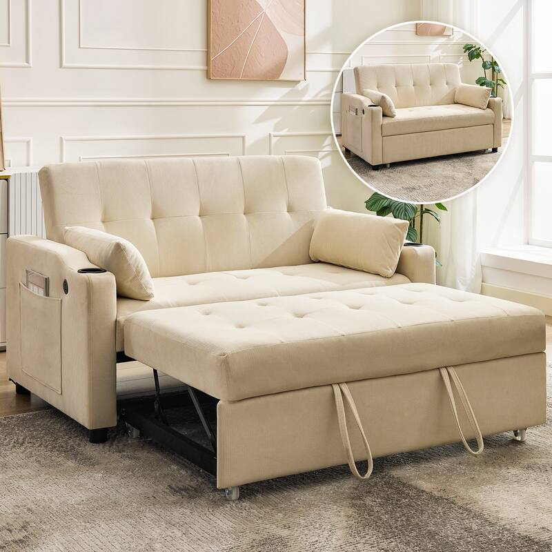 3-in-1 Convertible Sleeper Sofa Bed with Pull-Out Bed, Corduroy Futon, Charging Port & Side Pocket