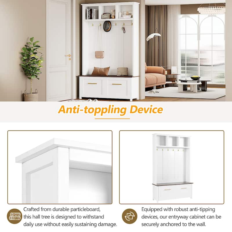 Elegant 4-in-1 Hall Tree with Golden Hooks, Wood Grain Bench, and Ample Storage