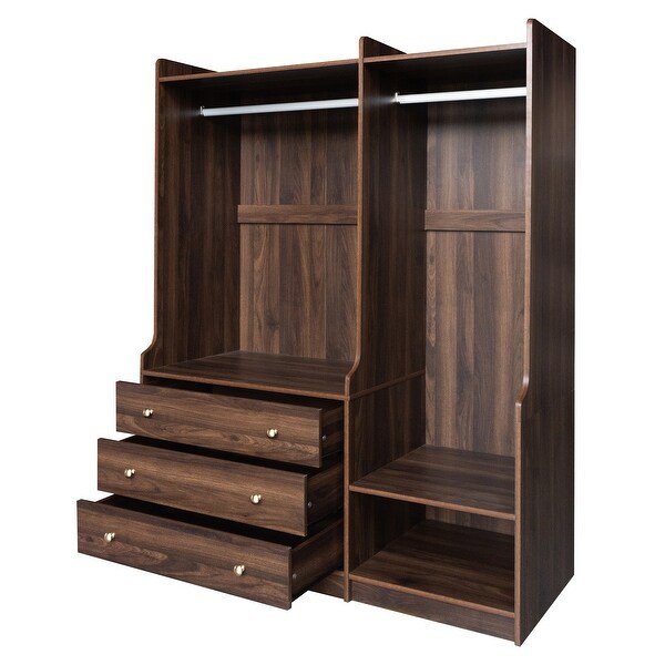 Brown Wardrobe Open Armoires Closet with Hanging Rods & 3 Drawers