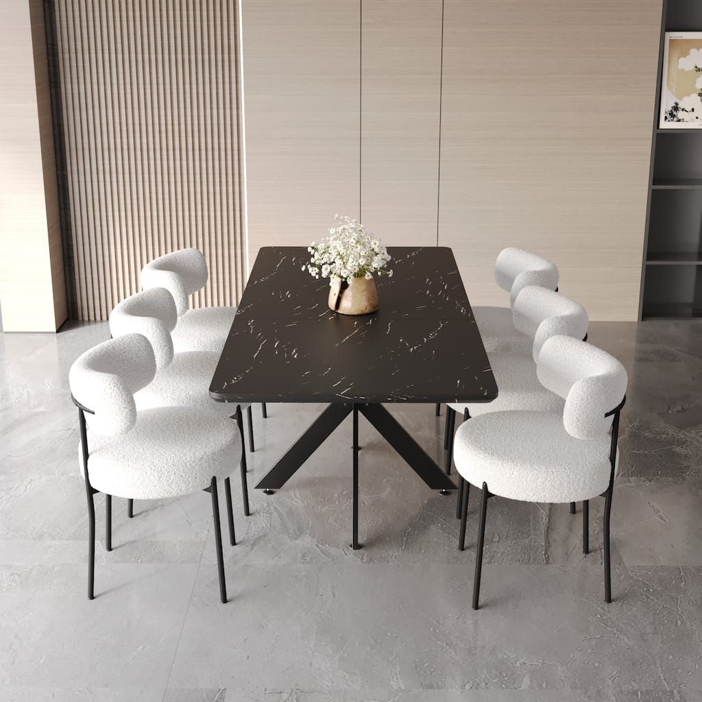 Upholstered Armless Chairs with Curved Backrest, Extendable Rectangular Dining Table, Stylish Table and Chair Set for 6