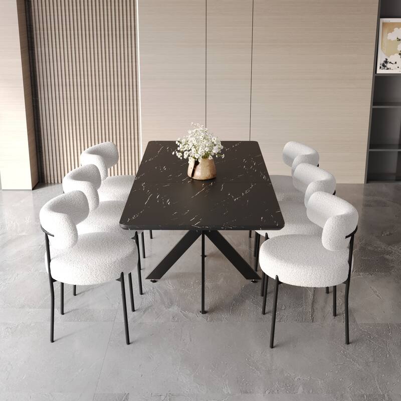 Upholstered Armless Chairs with Curved Backrest, Extendable Rectangular Dining Table, Stylish Table and Chair Set for 6 - Black White