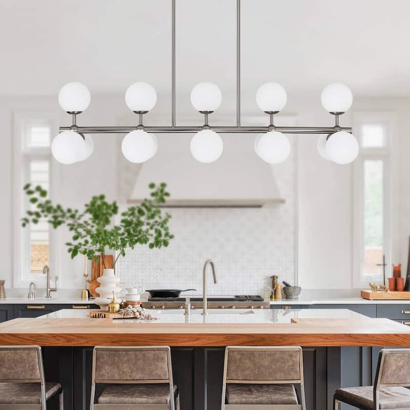 44in W Linear Mid Century Modern Chandelier 15 Light Gold Brass Sputnik Pendant Light with Frosted Glass Globe for Dining Room