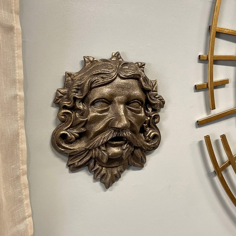 Cast Iron Green Man Wall Decor - Bronze Finish - 9.75 Inches Tall -