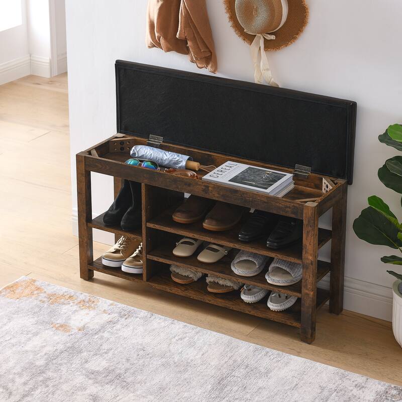 Roomfitters Height Adjustable Shoe Bench with Cushion Seat and Hidden Storage, Solid Rubberwood Frame, Charcoal Grain