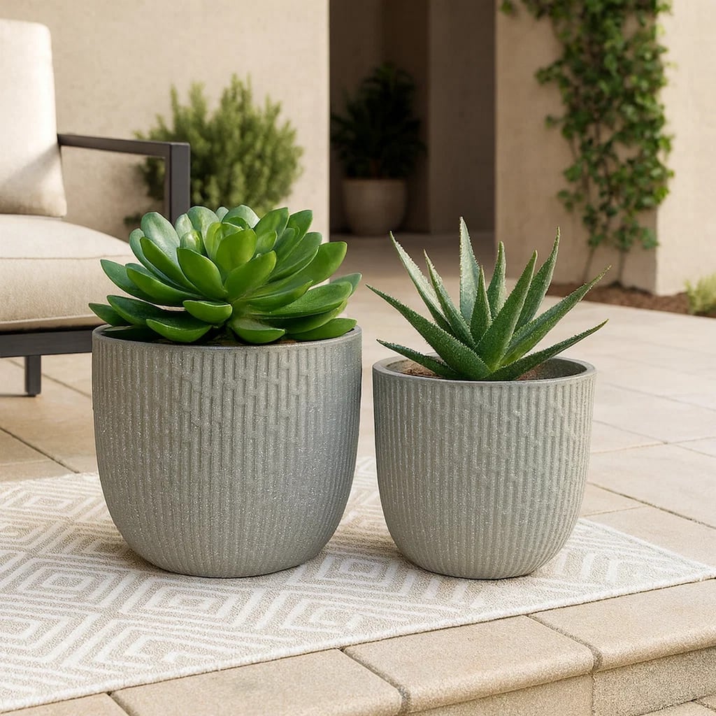 14 Inch Planter Set of 2, Drum Shape, Engraved Design, Textured Green