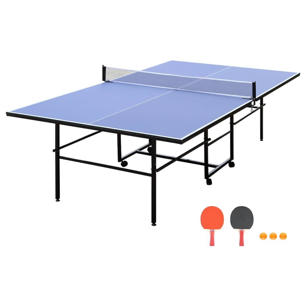 Roomfitters 9ft Mid-Size Ping Pong Table, Foldable & Portable Table Tennis Set with Net, 2 Bats and 3 Balls, Blue