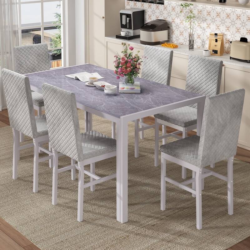 Grondin 7-Piece Dining Room Table Set, Modern Contemporary Style Dinning Table Set with Tempered Glass Top and Upholstery Chairs