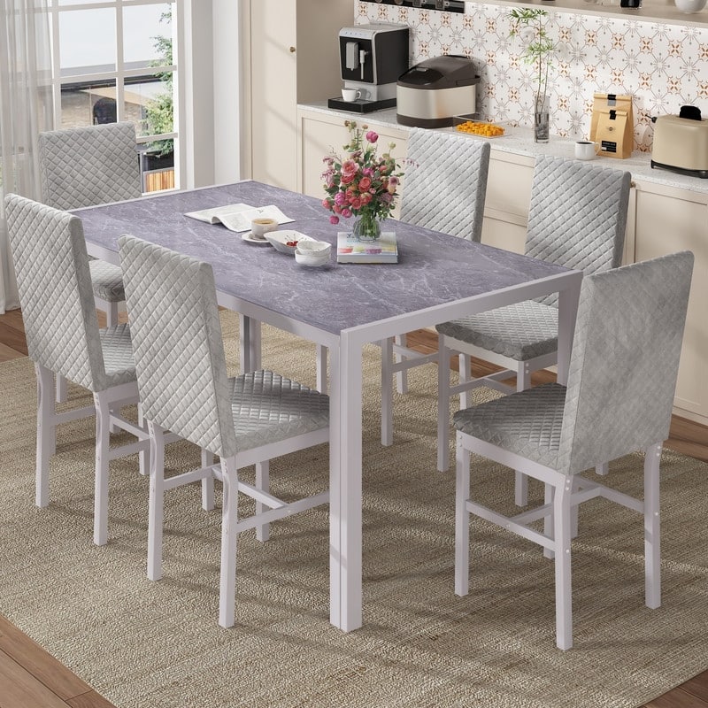 Grondin 7-Piece Dining Room Table Set, Modern Contemporary Style Dinning Table Set with Tempered Glass Top and Upholstery Chairs