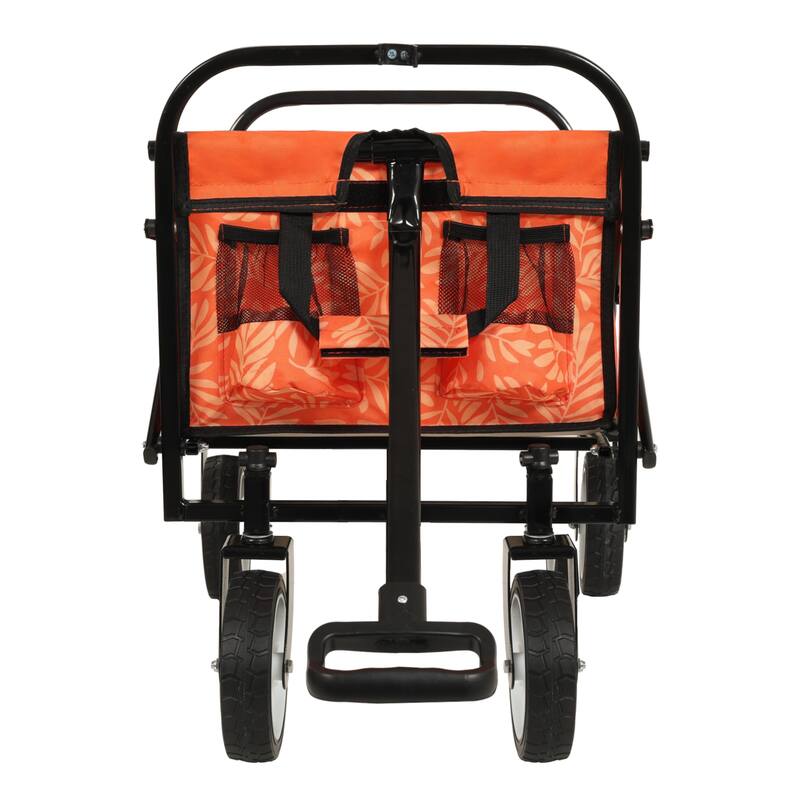 Patterned Collapsible Utility Wagon - Orange Leaf Design with Storage Straps, 225lb Capacity