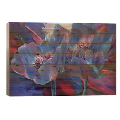 Blue Poppies On Red Print On Wood by Carol Cavalaris - Multi-Color