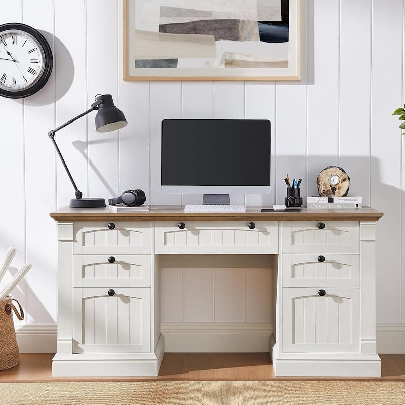 Farmhouse Computer Desk, Wood Home Office Desk with Charging Station