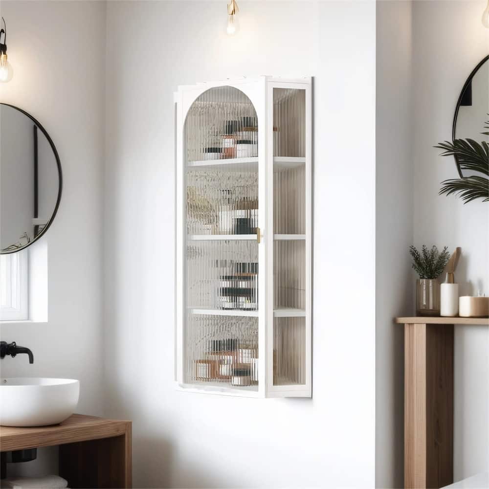 Glass Door Wall Mounted Corner Cabinet w/ Featuring Four-tier Storage