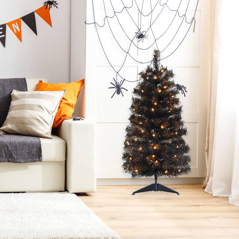 Haunted Hill Farm 3-Ft. Spooky Black Tinsel Tree, Warm White LED Lights