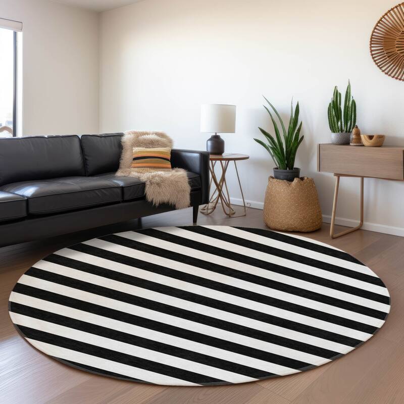 Premium Washable Super Soft Cabana Stripe Mayfield Rug - Black - 8' x 8' - Round