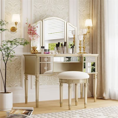 Makeup Vanity Dressing Table Set with Tri-fold Mirror, Drawers, Stool