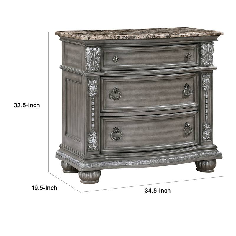 Toga 3 Drawer Nightstand, Gray Acacia Wood Carved Details, 35 Inch