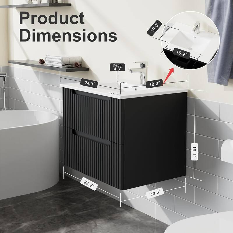 24" Wall Mounted Bathroom Vanity with Ceramic Sink, Floating Cabinet with 2 Soft-Close Drawers, Modern MDF Storage Combo