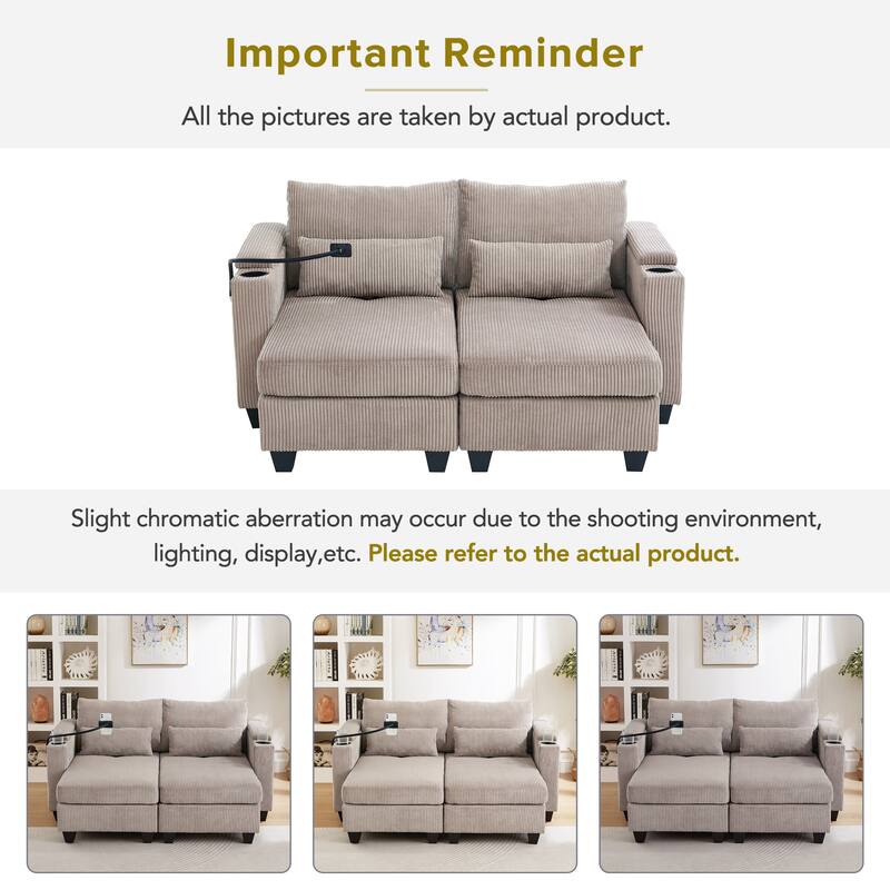 63" Corduroy Convertible Chaise Lounge with USB Ports, Phone Holder, and Storage