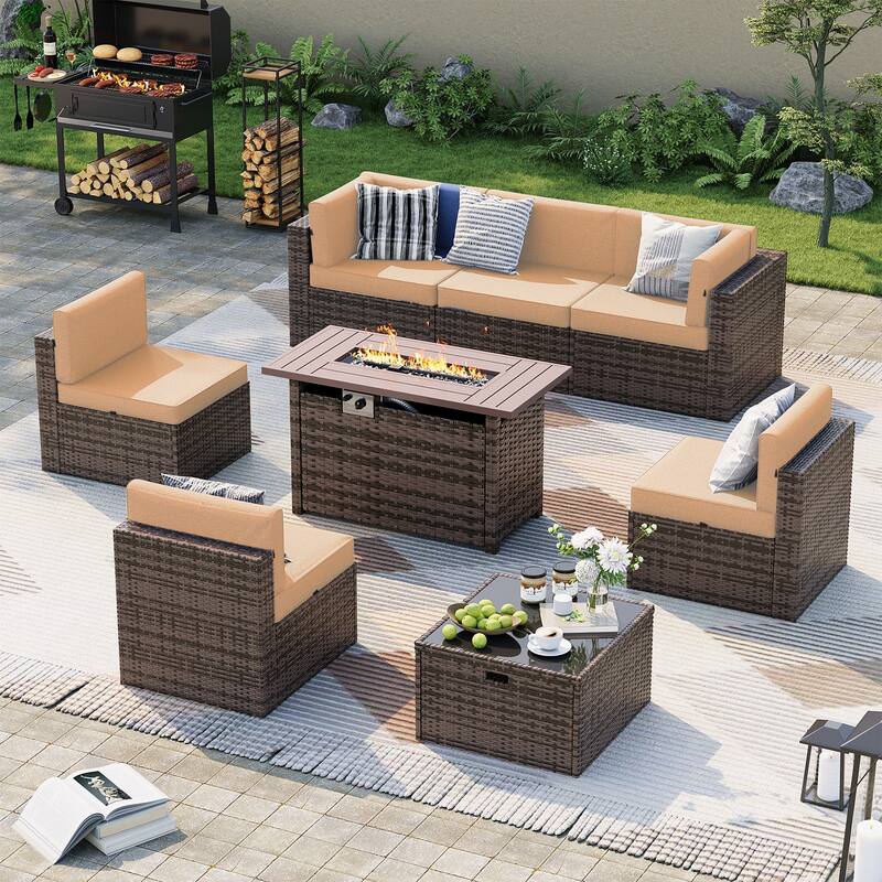 AOXUN Wicker Rattan Outdoor Sectional Sofa Set with Coffee Table - 8 pcs - Brown-Khaki