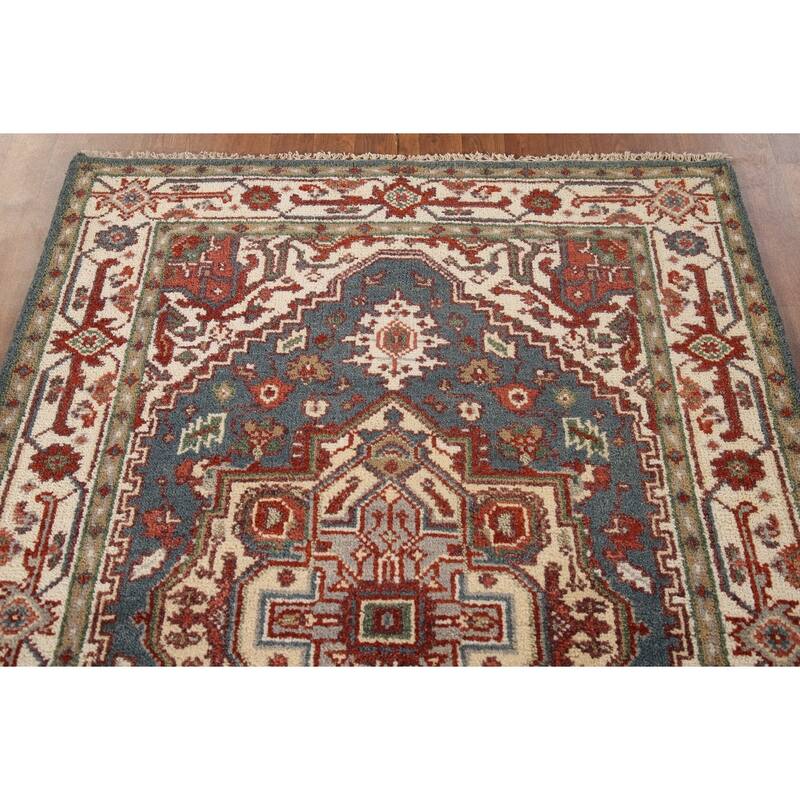 Geometric Blue Heriz-Serapi Oriental Accent Rug Handmade Wool Carpet - 4'1"x 6'0"
