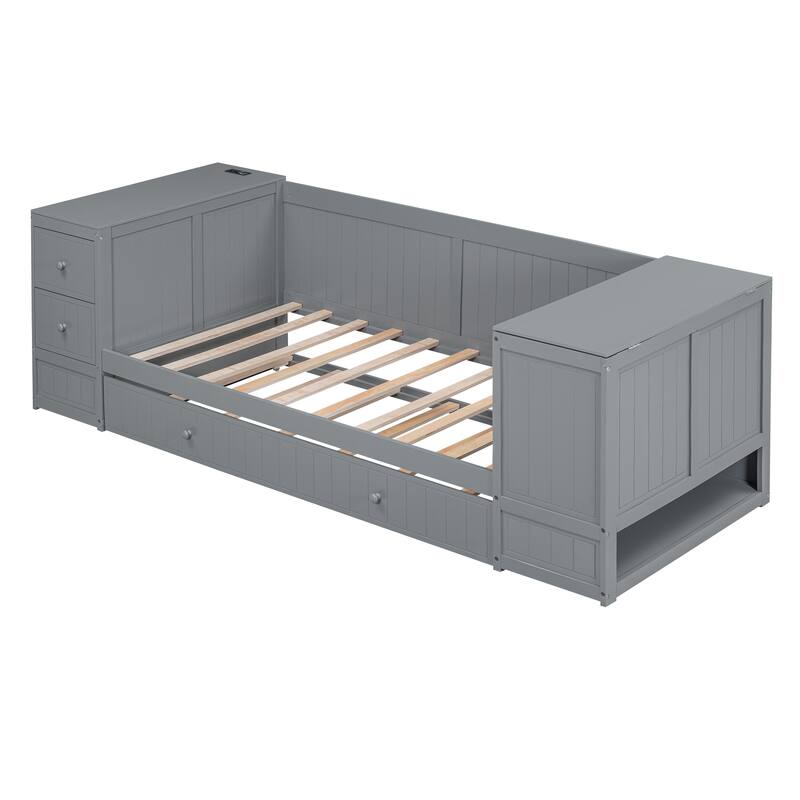 Twin Size Daybed with Storage, Trundle, and Charging Station in Gray