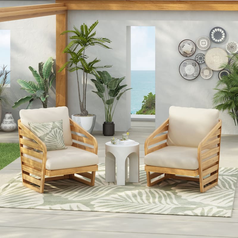Lenrn Wood Textilene Club Chair with Acacia Frame and Water-Resistant Cushions by Christopher Knight Home - 2 piece - Beige