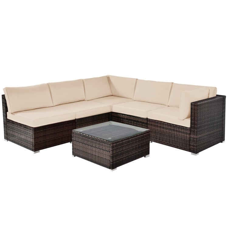 6 Pieces Patio Rattan Furniture Set with Cushions and Glass Coffee Table