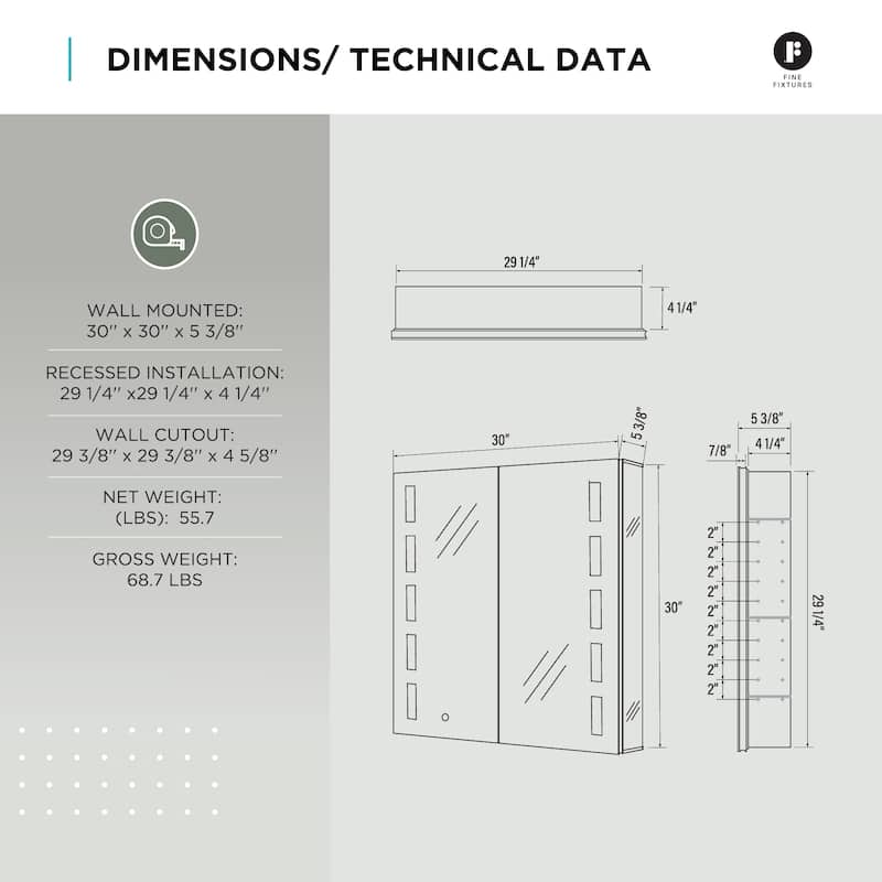 Bathroom Medicine Cabinet, Aluminum, Recessed/Surface Mount, Mirrored Interior w/LED