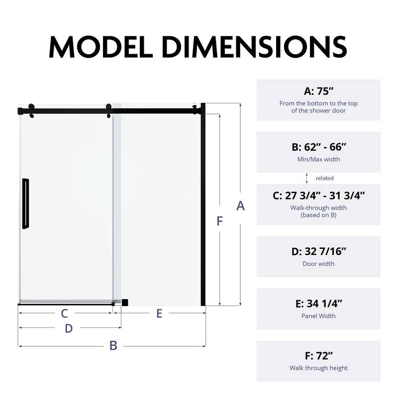 Glassic SI Series 62" - 66" W x 75" H Contemporary Frameless Single Sliding Shower Doors With 3/8" Clear Tempered Glass