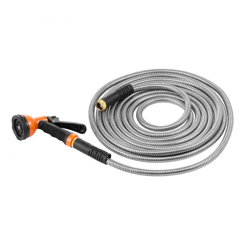 25ft Stainless Steel Hose for Garden and Car Wash Heavy-Duty Metal Hose with Adjustable Nozzle