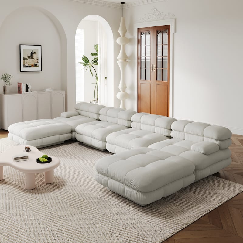 Large Modular Sectional Sofa Teddy Velvet Fabric Upholstery U-Shaped 4 Seater with 2 Ottoman - Beige