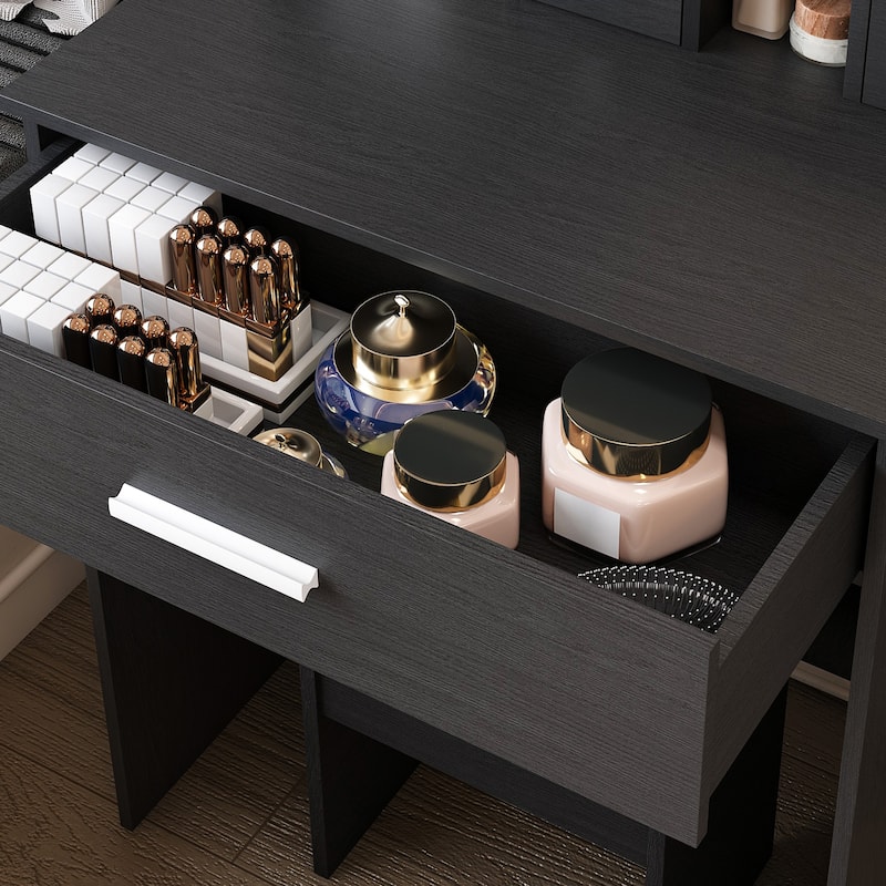 Vanity Desk with Mirror & LED Lights, Makeup Table with Power Outlet, Hairdryer Holder & Stool, Compact Dressing Table Set