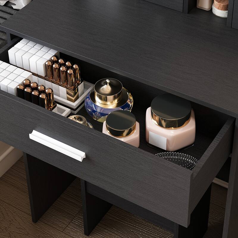 Vanity Table with Mirror & Adjustable LED Lights, Power Outlet, Hairdryer Holder & Stool - Compact Dressing Desk