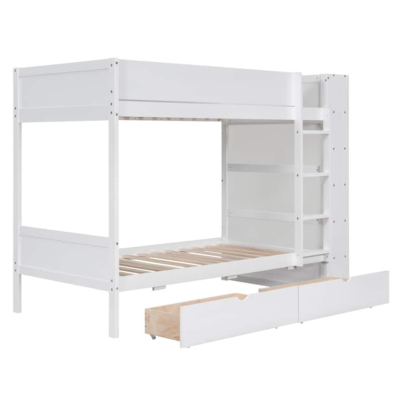 Twin over Twin Bunk Bed With 2 Drawers and Multi-layer Cabinet, White