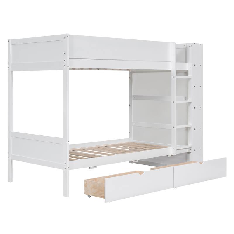 White Twin over Twin Bunk Bed with 2 Drawers & Multi-layer Cabinet, Space-Saving Kids Furniture