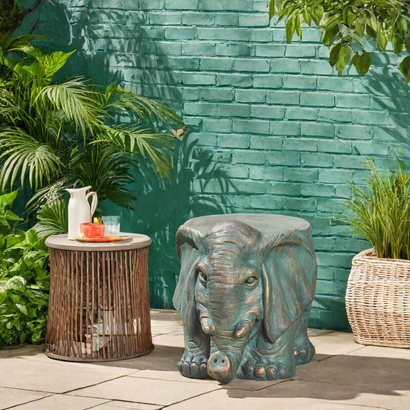Roomfitters Elephant Garden Stool, Weather-Resistant Lightweight Concrete Decorative Accent Table, Bronze