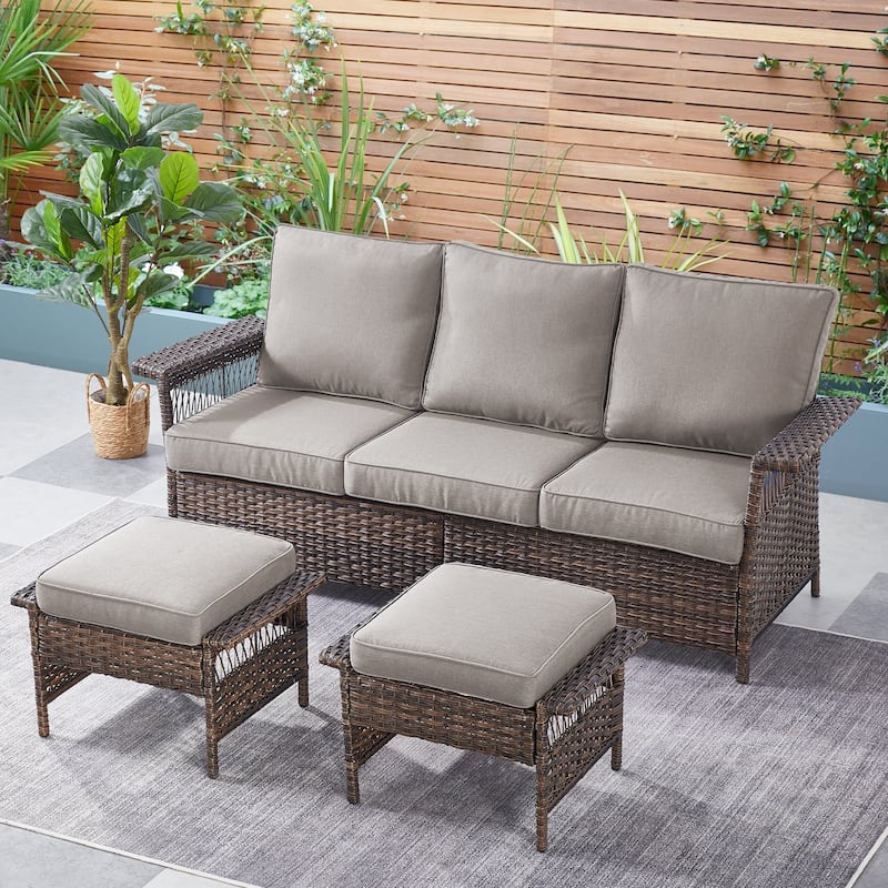 Gymojoy Wicker Sofa Chair for Porch Deck with Ottoman Cushions - Brown - Brown - Grey