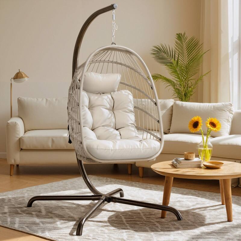 Oversized Hanging Egg Chair with Stand, Indoor Outdoor Swing Chair, 350 lbs Capacity Cozy Rattan Lounge - Beige
