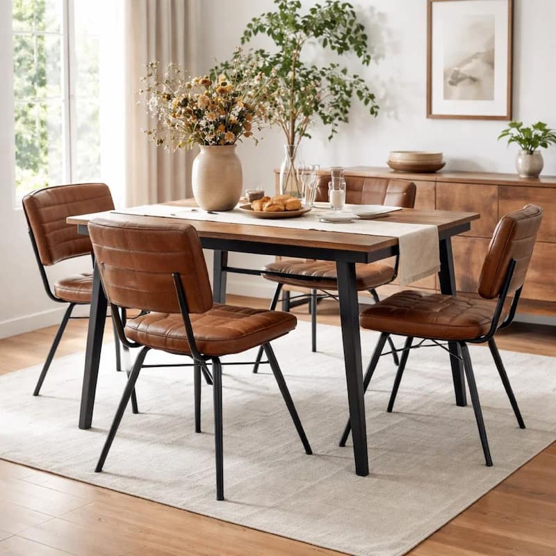 Mia 18 Inch Side Chair, Set of 2, Dyed Brown Leather, Vertical Tufting