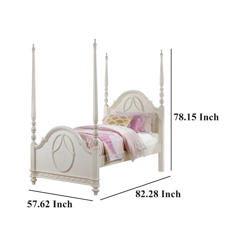 Dorie Full Size Poster Bed, Embossed Floral and Oval Molding, Ivory