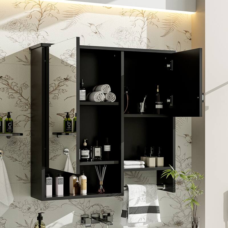 29" x 28" Over The Toilet Bathroom Storage Cabinet with Towel Bar Wall Mirror Cabinet with Closed Cupboard and Open Shelf