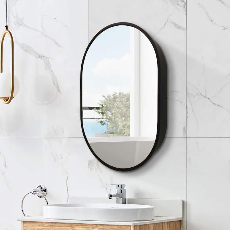 Modern Black Wall Mount Oval Bathroom Mirror Medicine Cabinet