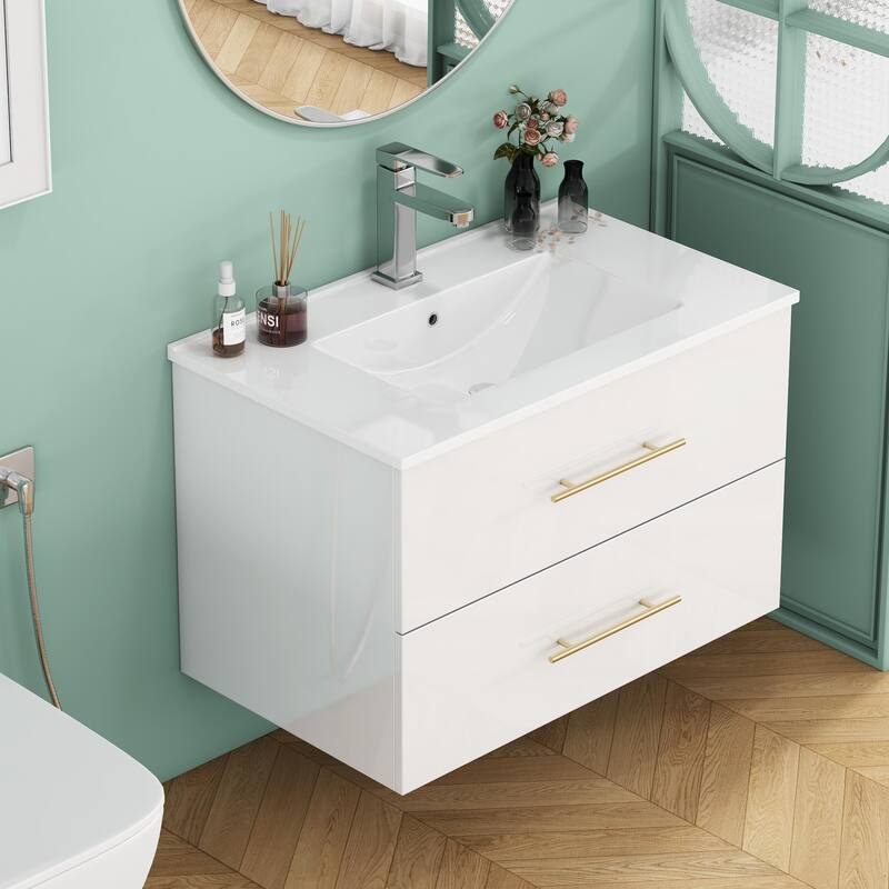 30-Inch Gloss Wall-Mounted Bathroom Vanity with Sink Combo, Double Drawers,Ceramic Sink,Long Metal Handle