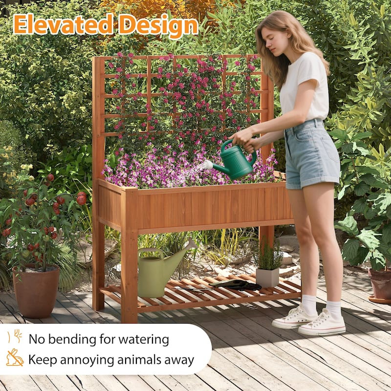 Gymax Raised Garden Bed w/ Trellis Wooden Elevated Planter Box w/ Legs