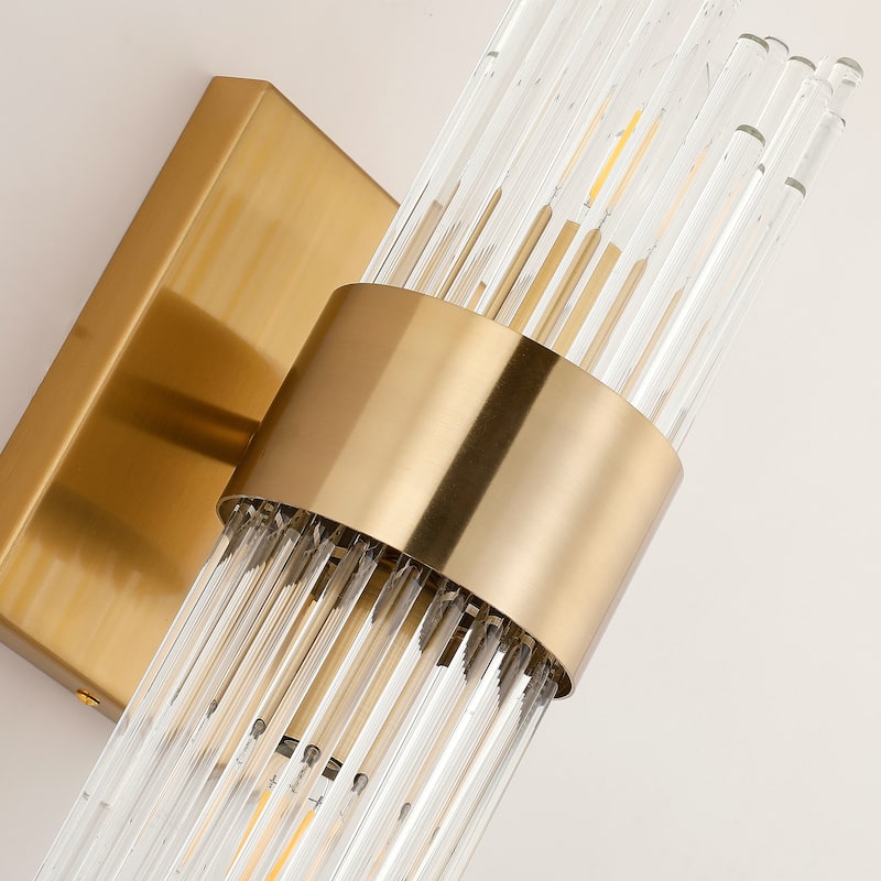 2-Light Modern Brass Wall Sconce with Clear Ribbed Glass Shade