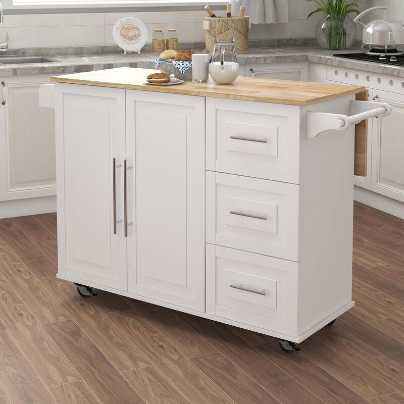 Kitchen Island with Spice Rack Towel Rack Extensible Solid Wood Table Top and Wheels, for Kitchen Storage and Workspace - White