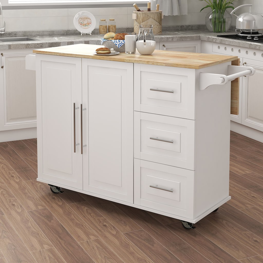 Rolling Multifunctional Kitchen Island with Spice Rack, Towel Rack and Extensible Solid Wood Table, 3 Drawers and Cabinet
