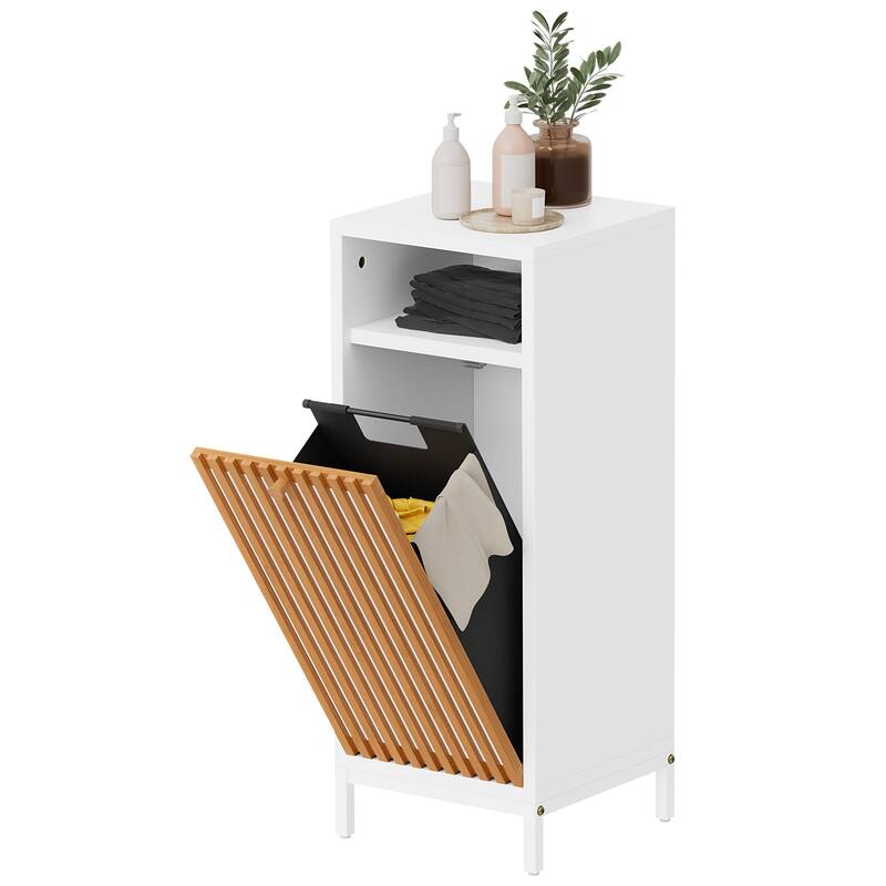 Bathroom Side Cabinet with Bamboo Front & Hamper - Natural/White