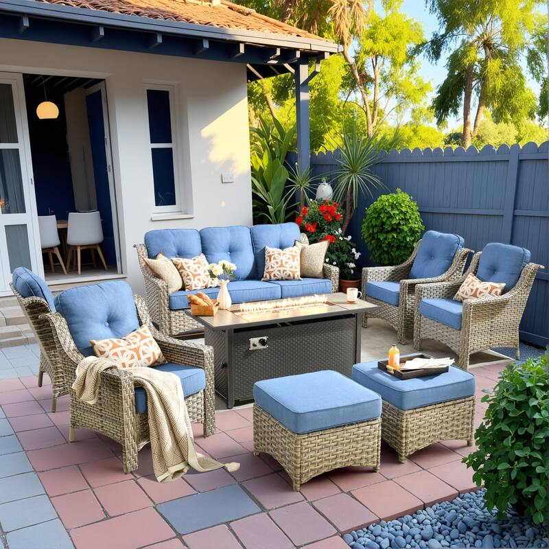 HOOOWOOO 8-piece Patio Wicker Chat Set Outdoor Conversation Sofa Set with Fire Pit - Diamond Blue