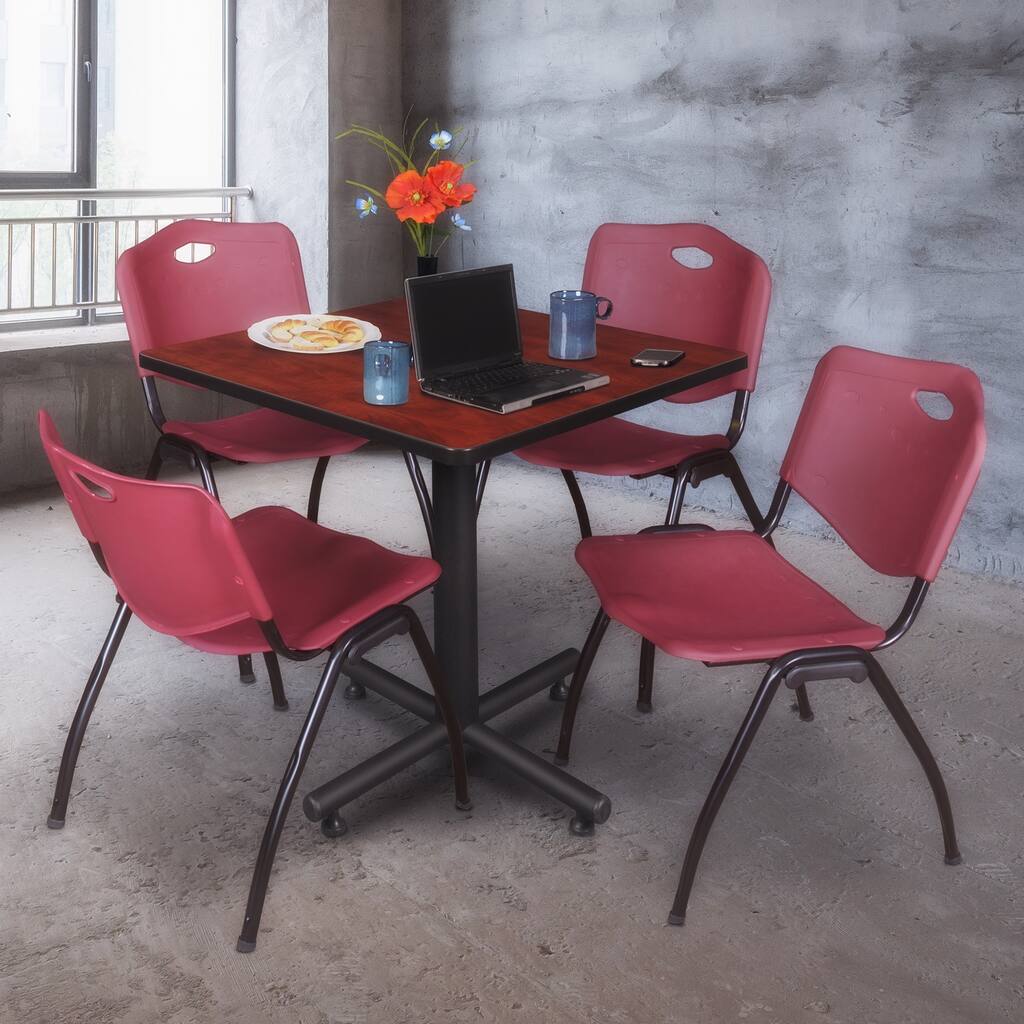 30 in. Square Breakroom Table- Cherry & 4 'M' Stack Chairs- Burgundy